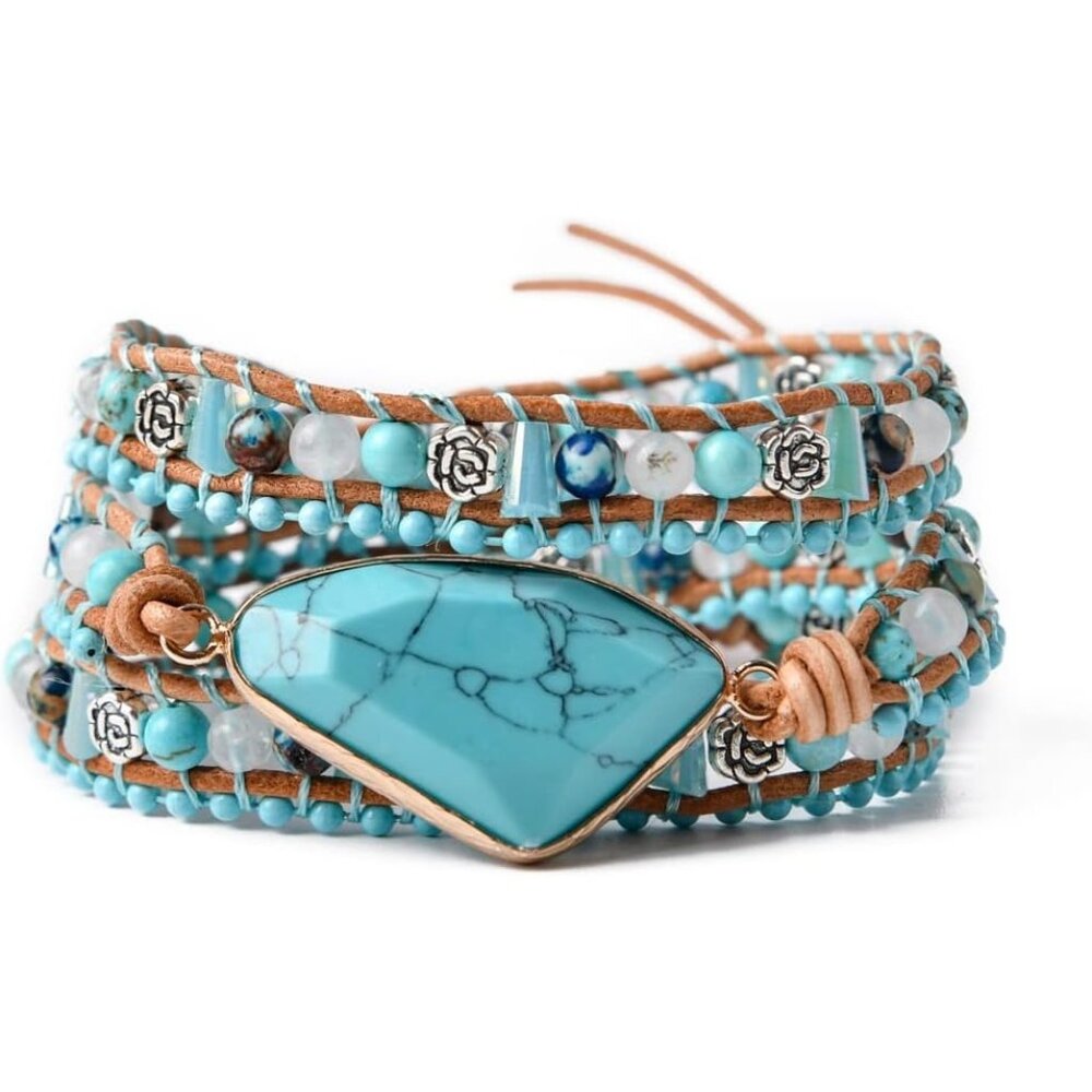 Handmade Bracelet Turquoise & Amazonite Natural Stones Leather Charm Bracelet